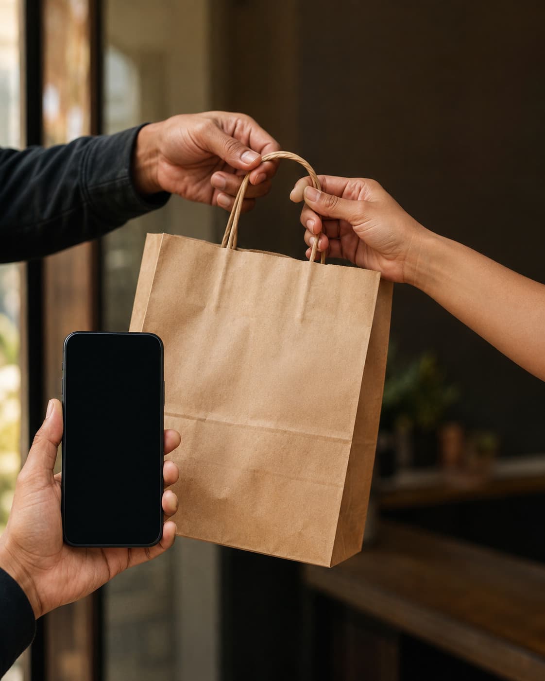 A kraft bag passing between a courier's hands and a customer's, cropped tight with no faces.